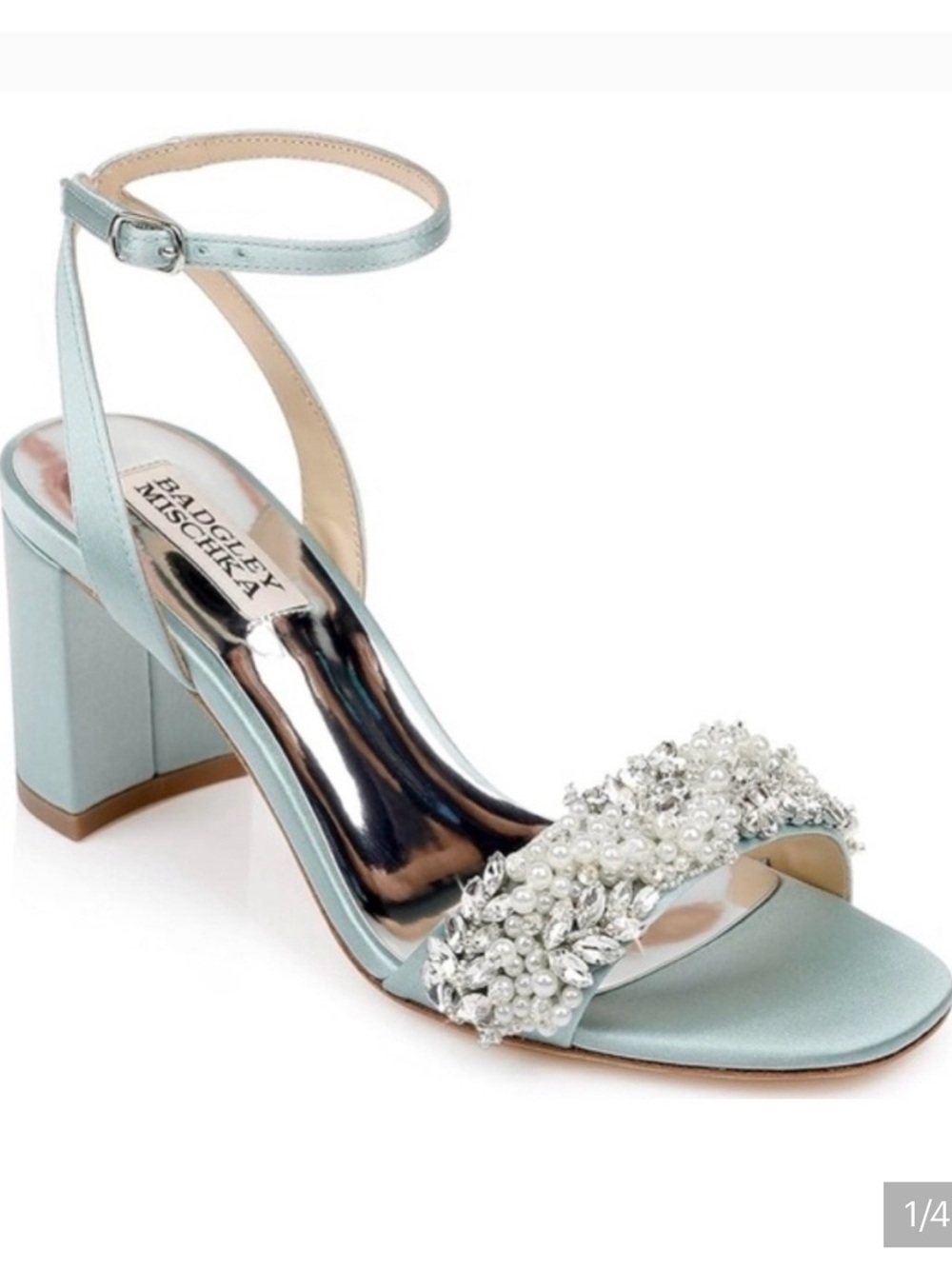 Badgley Mischka Pale Blue Crystal Embellished Block Heel Sandal